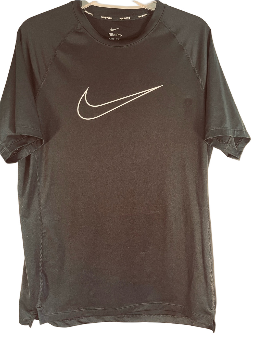 Nike Black Short Sleeve Dri-FIT Tee White Swoosh Workout Slim Fit Mens L